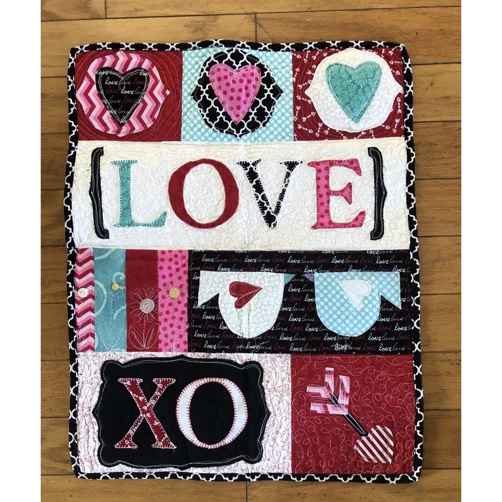 Quilted Wall hanging Love Handmade Machine Stitched Red Black Pink Teal 18x23